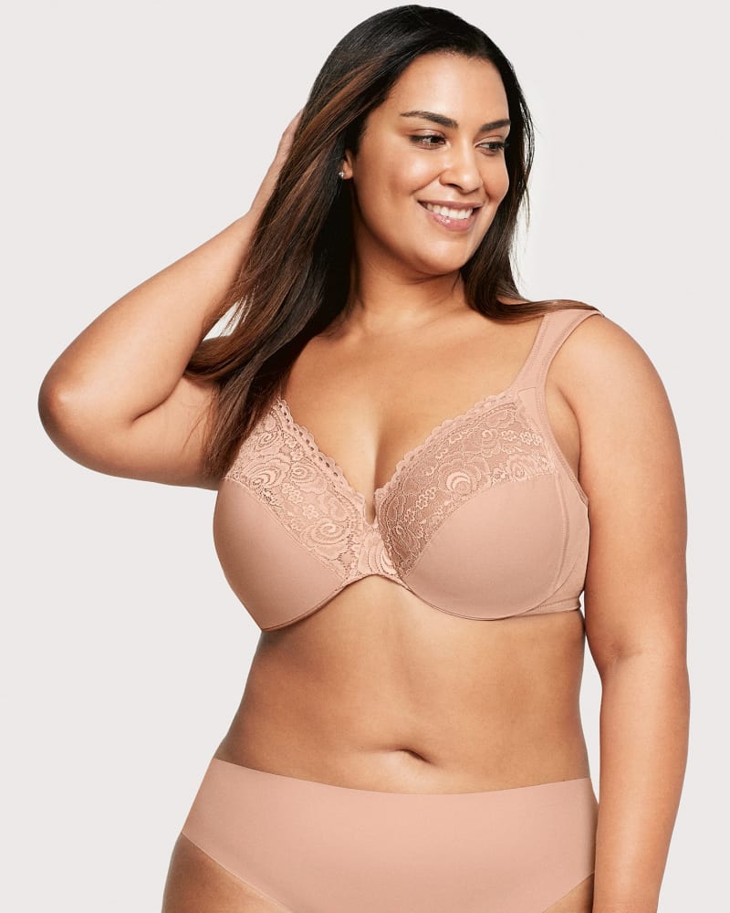 Front of a model wearing a size 42DD Low Cut WonderWire Lace Bra in Cappuccino by Glamorise. | dia_product_style_image_id:260714